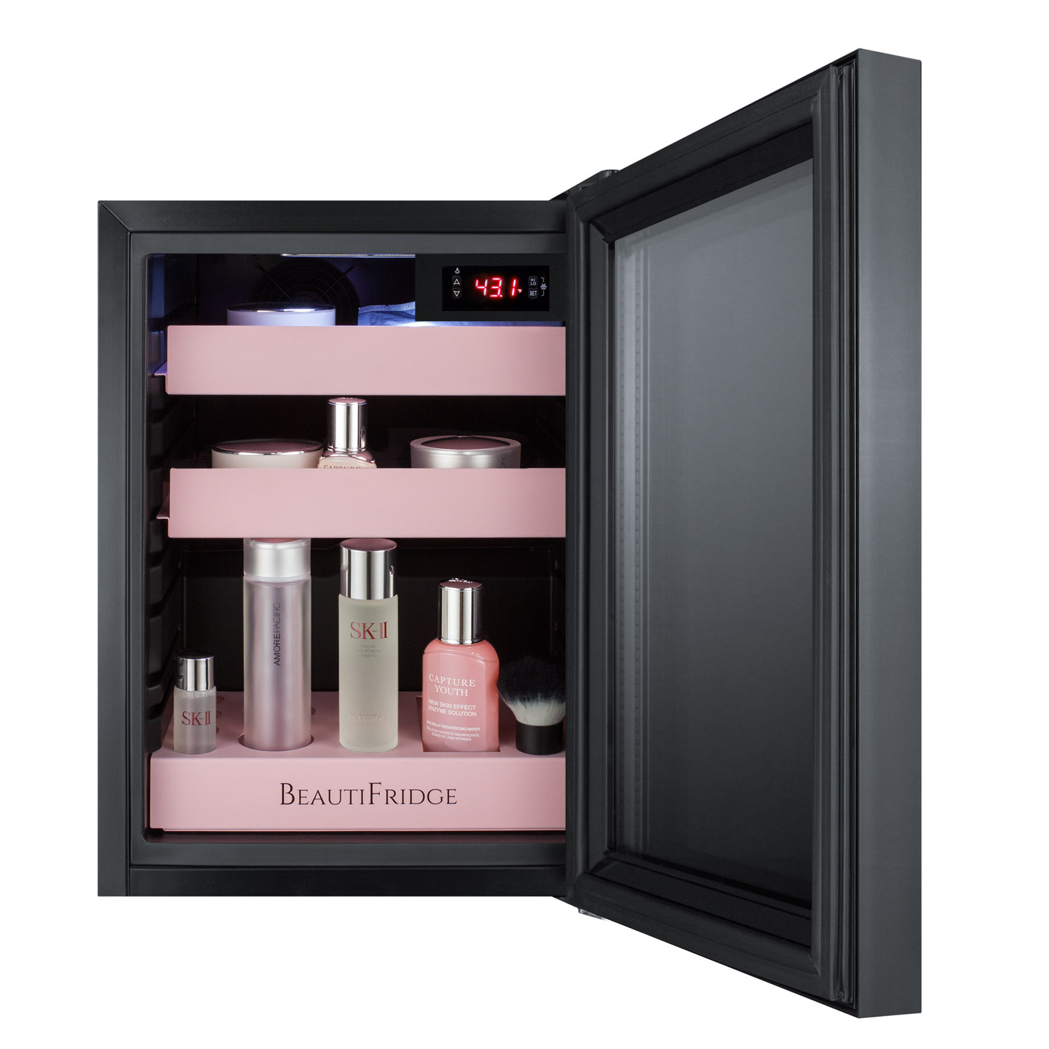 BeautiFridge compact cosmetics cooler with mirror-tinted glass door, black cabinet, lock, matte blush pink shelves, and digital controls set for the storage of beauty products